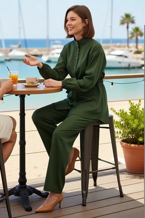 Kadın Büyük Beden Dik Yaka Kuşaklı Tunik Gömlek Pantolon Dokuma Takımı Düğmeli Günlük Rahat Modern