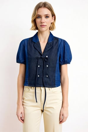 Kadın Bluz Gömlek Yaka Balon Kol Kısa Crop Boy Renk Bloklu Denim Fonksiyonel Estetik
