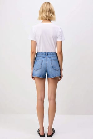 Kadın Şort Yüksek Bel Kesim City Düz Desen Boru Paça Kısa Boy Denim Kumaş Rigid Dokuma