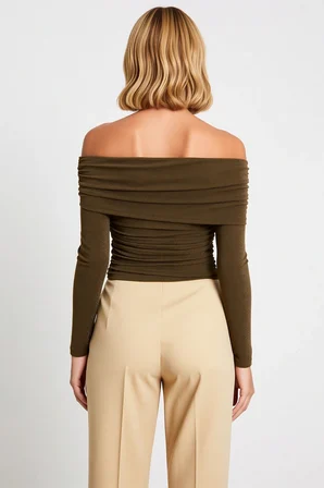 Kadın Bluz Carmen Yaka Uzun Kol Fitted Kalıp Simli Örme Kumaş Düz Desen Regular Boy Parti Ortam