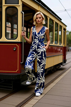 Kadın Alt Üst Tropikal Palmiye Desenli V Yaka Kolsuz Rahat Kesim Geniş Paça Tulum Yazlık Şıklık Şık