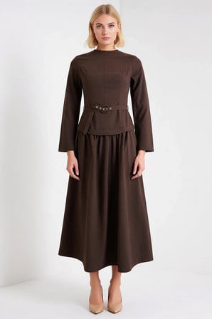 Kadın Tesettür Maxi Elbise Bisiklet Yaka Uzun Kol Kemerli Skater Kesim Terrycotton Dokuma Günlük
