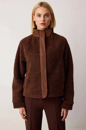 Kadın Dik Yaka Düşük Kol Fermuarlı Peluş Kalın Örme Sweatshirt Fonksiyonel Dayanıklı Rahat