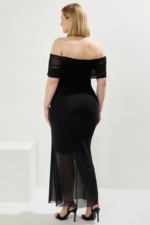 Kadın Büyük Beden Carmen Yaka Tül Örme Bodycon Maxi Elbise Kolsuz Zarif Günlük Rahat Modern Şık