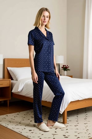 Kadın Gömlek Yaka Kısa Kol Puantiyeli Regular Kalıp Pijama Takımı Şık