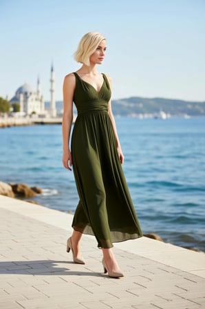 Kadın Büyük Beden Maxi Elbise V Yaka Kolsuz A Kesim Tül Örme Kumaş Büzgülü Bel Düz Desenli