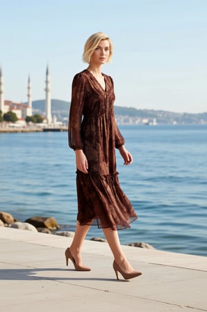 Kadın Maxi Elbise V Yaka Uzun Balon Kol Şal Desen Skater Kalıp Yoryo Şifon Dokuma Astarlı Model