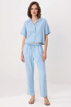 Kadın Büyük Beden Kısa Kollu Gömlek Yaka Denim Takım %100 Liyosel Rahat Kesim Günlük Modern Şık