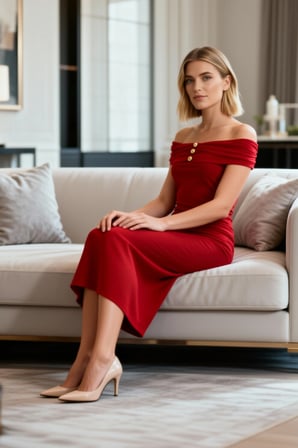 Kadın Midi Elbise Carmen Yaka Kolsuz Kalıp Örme Kumaş Düz Desen Büzgü Drape Detaylı Astarsız
