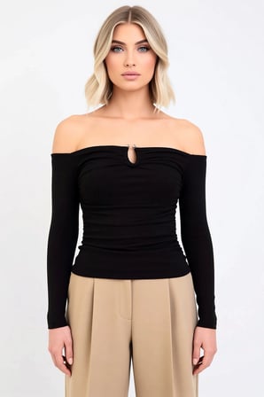 Kadın Bluz Carmen Yaka Uzun Kol Fitted Kalıp Ribana Örme Kumaş Aksesuar Detaylı Regular Boy