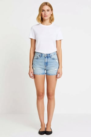 Kadın Şort Normal Bel Düz Desen Kısa Boru Paça Rigid Denim Kumaş City Kalıp Yazlık Kesim Şık