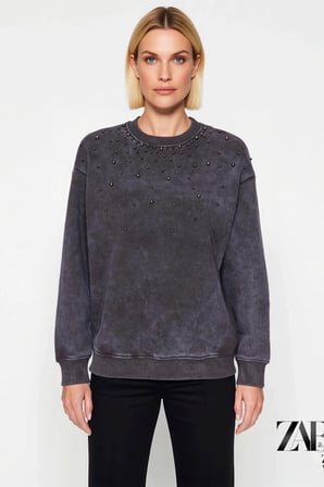 Kadın Bisiklet Yaka Düşük Kol Eskitme Efektli Regular Sweatshirt Fonksiyonel Dayanıklı Şık