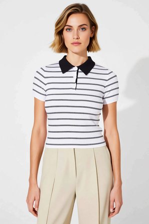 Kadın Bluz Polo Yaka Kısa Kol Triko İnce Fitilli Desenli Fitted Kesim Regular Boy Günlük Kullanım