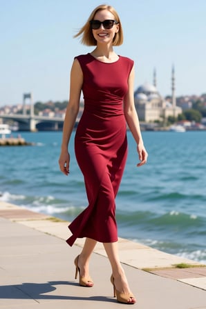 Kadın Kolsuz Bisiklet Yaka A-Line Midi Elbise Büzgülü Detaylı Astarlı Rahat Kesim Günlük Modern
