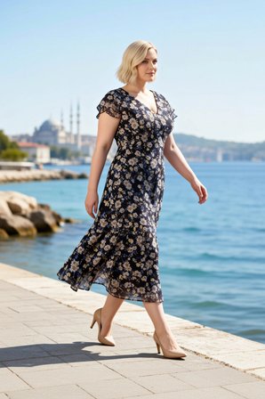 Kadın Büyük Beden Midi Elbise Midi V Yaka Kısa Kol Fırfırlı Şifon Dokuma Çiçekli Desenli A V