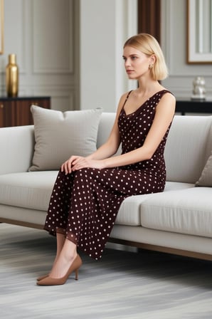 Kadın Maxi Bodycon Örme Puantiyeli Asimetrik Yaka Kolsuz Büzgülü Fonksiyonel Modern