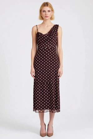Kadın Maxi Bodycon Örme Puantiyeli Asimetrik Yaka Kolsuz Büzgülü Fonksiyonel Modern