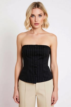 Kadın Bluz Fitted Straplez Kolsuz İnterlok Örme İnce Çizgili Düğmeli Vücuda Oturan Kesim Modeli