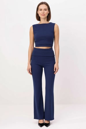 Kadın Büyük Beden Kolsuz Kayık Yaka Ribana Örme Crop Top Uzun Paça Takım Vücuda Oturan Günlük Rahat