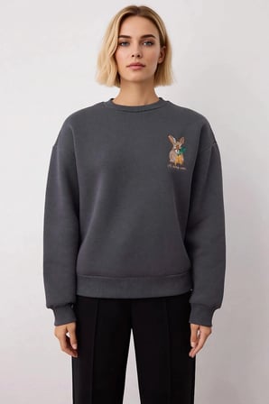 Kadın Bisiklet Yaka Düşük Kol Nakışlı Regular Kalıp Örme Sweatshirt Fonksiyonel Dayanıklı Şık