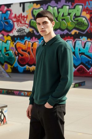 Erkek Polo Yaka Standart Kol Oversize Kalın Çıtçıtlı Sweatshirt Fonksiyonel Dayanıklı Spor