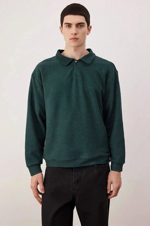 Erkek Polo Yaka Standart Kol Oversize Kalın Çıtçıtlı Sweatshirt Fonksiyonel Dayanıklı Spor
