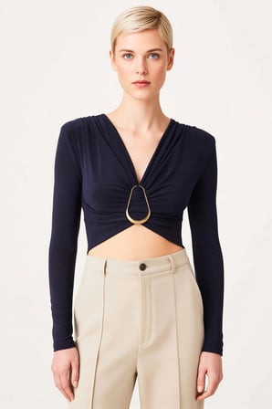 Kadın Bluz Crop V Yaka Uzun Kol Fitted Kalıp Örme Kumaş Düz Desen Sandy Dokuma Regular Kesim