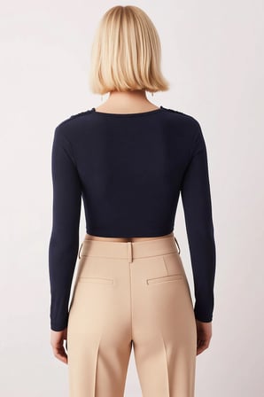 Kadın Bluz Crop V Yaka Uzun Kol Fitted Kalıp Örme Kumaş Düz Desen Sandy Dokuma Regular Kesim