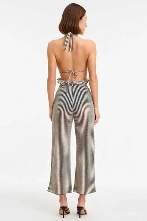 Kadın Büyük Beden Halter Yaka Crop Top Pantolon Takımı Simli Örme Çizgili Plaj Koleksiyonu Günlük