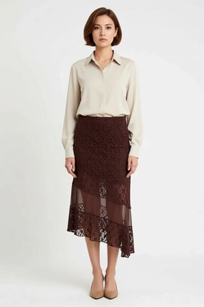 Kadın Asimetrik Midi Dantel Örme Etek Normal Bel A Kesim Astarsız Polyester Rahat Günlük Modern