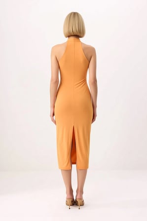 Kadın Bodycon Halter Yaka Kolsuz Midi Esnek Örme Elbise Aksesuar Detaylı Astarlı Günlük Rahat Modern