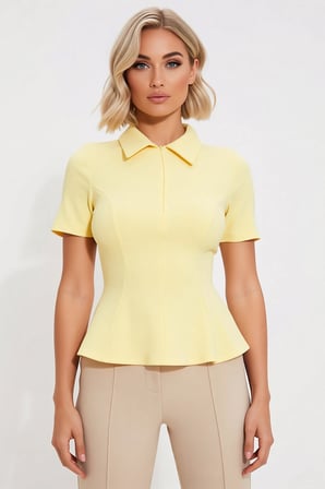 Kadın Bluz Peplum Polo Yaka Kısa Kol İnterlok Örme Düz Desen Yarım Pat Fermuar Kapamalı Regular