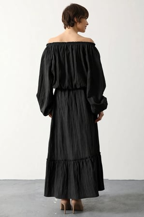 Kadın Reglan Kollu Bisiklet Yaka Buruşuk Dokulu Bluz Etek Takımı %100 Polyester Günlük Rahat Modern