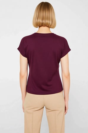 Kadın T Shirt Kayık Yaka Kısa Kol Relaxed Rahat Kalıp Büzgülü Düz Desen Örme Yumuşak