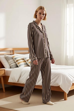 Kadın Gömlek Yaka Standart Kol Regular Kalıp Çizgili Pijama Takımı Fonksiyonel Şık %100 Pamuk