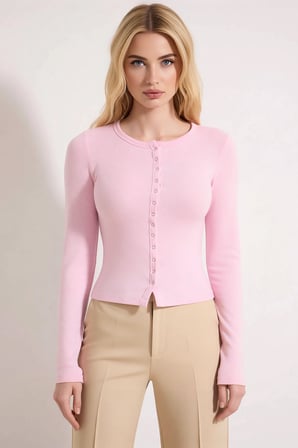 Kadın Bluz Bisiklet Yaka Uzun Kol Fitted Kalıp Örme Kumaş Çıtçıt Detaylı Crop Kesim Düz Desenli