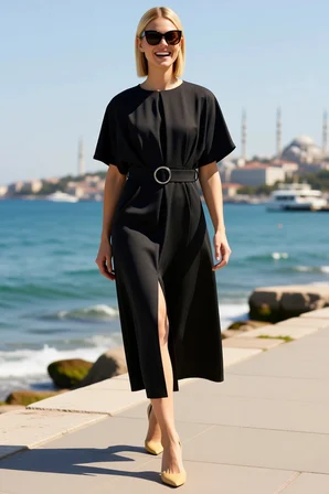 Kadın Maxi Elbise Yarasa Kol Bisiklet Yaka Kuşaklı Belden Açılan A-line Kesim Rahat Günlük Modern