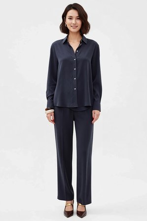 Kadın Oversize Tencel Keten Karışım Gömlek Pantolon Takımı Düğmeli Yaka Geniş Paça Rahat Günlük