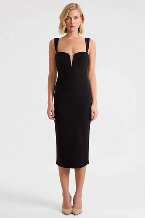 Kadın Bodycon Midi Elbise V Yaka Askılı Dokuma Finike Astarsız Düz Desenli Yapısal Tasarım