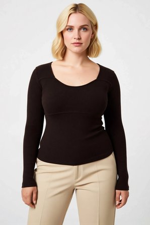 Kadın Büyük Beden Bluz Crop Havuz Yaka Uzun Kol Kaşkorse Örme Düz Desen Fitted Kalıp Regular Boy