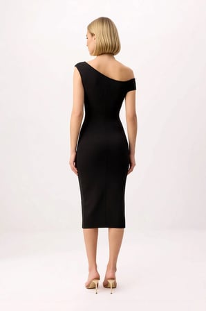 Kadın Asimetrik Yaka Düşük Kol Bodycon Midi Elbise Silky İnterlok Örme Kumaş Günlük Rahat Modern