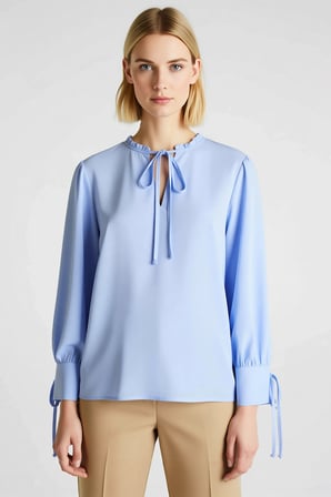 Kadın Büyük Beden Bluz Yaka Fırfırlı Bağcıklı Uzun Kol Manşetli Vual Dokuma Düz Relaxed Kalıp