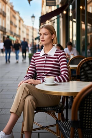 Kadın Bluz Polo Yaka Uzun Kol Fitted Kalıp Çizgili Desen Düğmeli Esnek Fitilli Kaşkorse Örme Kumaş