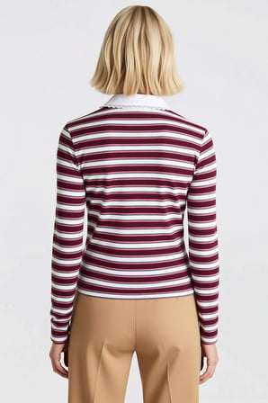 Kadın Bluz Polo Yaka Uzun Kol Fitted Kalıp Çizgili Desen Düğmeli Esnek Fitilli Kaşkorse Örme Kumaş