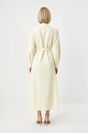 Kadın Maxi Tesettür Elbisesi Dik Yaka Uzun Kol Kuşaklı Terrycotton Dokuma Rahat Kesim Günlük Modern