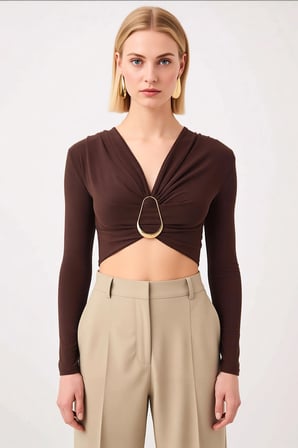 Kadın Bluz Crop V Yaka Uzun Kol Fitted Kalıp Örme Kumaş Düz Desen Sandy Dokuma Regular Kesim