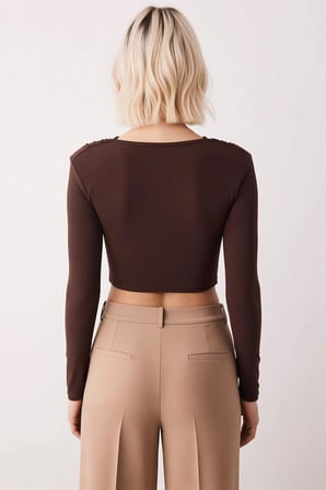 Kadın Bluz Crop V Yaka Uzun Kol Fitted Kalıp Örme Kumaş Düz Desen Sandy Dokuma Regular Kesim