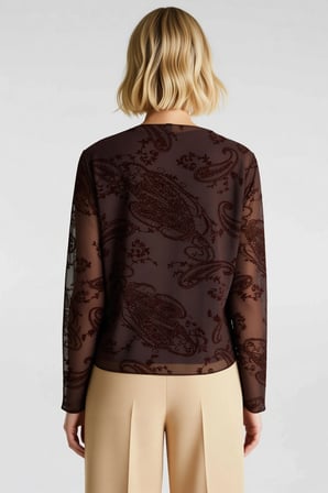 Kadın Bluz Kayık Yaka Uzun Kol Tül Örme Kumaş Fitted Vücuda Oturan Flok Baskılı Paisley Desenli