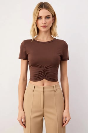 Kadın Bluz Spor Büzgü Detaylı Micro Örme Kumaş Bisiklet Yaka Kısa Kol Fitted Kalıp Düz Desen