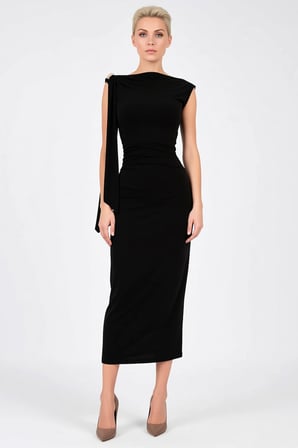 Kadın Maxi Bodycon Asimetrik Yaka Tek Uzun Kol Detaylı Örme Esnek Kumaş Astarlı Şık